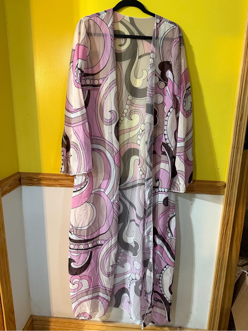 Sheer Pink & Gray Printed Long Kimono Robe